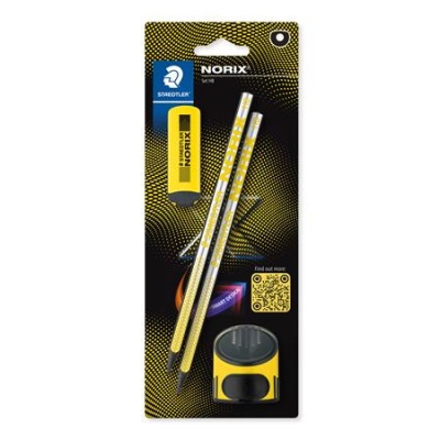 Grafitceruza készlet, hegyezővel, radírral, HB, STAEDTLER "Norix® 181", sárga